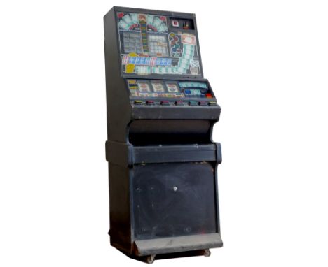 A Hyper Note fruit machine, by JPM Automatic, accepts a 20p token, wooden case, glazed front decorated with bank notes and co