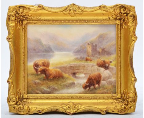A Bronte Porcelain rectangular ceramic plaque, Highland Landscape, depicting Highland cattle grazing, stamped J IX, mounted i