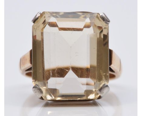 A vintage 9ct gold and citrine dress ring, 16 x 14mm, white gold claws, L 1/2, 6.4gm The Citrine is in good condition – no da