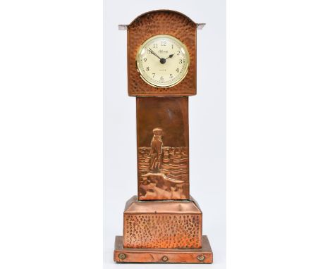 An Arts &amp; Crafts embossed copper miniature longcase clock, replacement quartz movement, the case decorated with a man loo