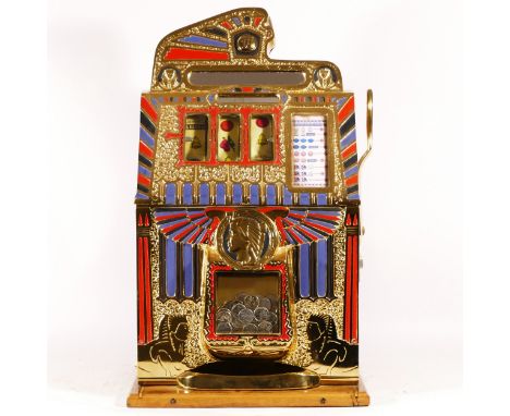 A Mills Firmans conversion Egyptian Bell Gold Sphinx slot machine, one arm bandit, c.1936, working on a American 5 cent coin,