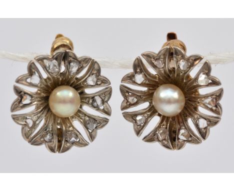 A Victorian pair of silver fronted & rose gold pearl and rose cut diamond ear rings, probably natural pearls, diameter 19mm, 