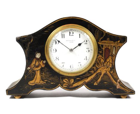 A Bravingtons Ltd., London, French chinoiserie mantel clock, black case with laquer decoration, French movement, 25 x 16cm.
