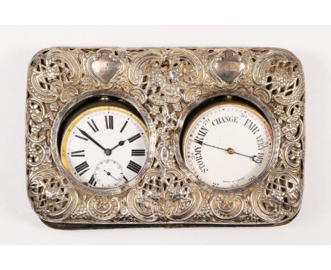 An Edwardian silver cased desk compendium of Goliath watch and barometer, by William Comyns, London, date letter worn, retail