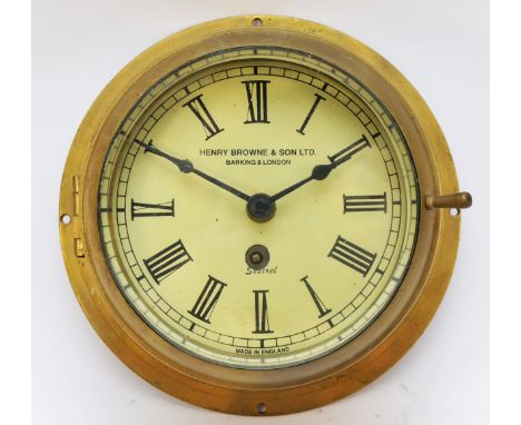 Henry Browne &amp; Sons Ltd., Barking &amp; London, a brass Sestral bulkhead clock , 5 1/2" white enamel dial with Roman nume