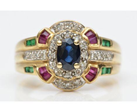 A QVC 9ct gold diamond, sapphire, ruby and emerald dress ring, U, 4.5gm