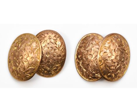 A Victorian 9ct rose gold pair of cufflinks, Birmingham 1893, with engraved floral decoration, 18 x 13mm, 3.4gm