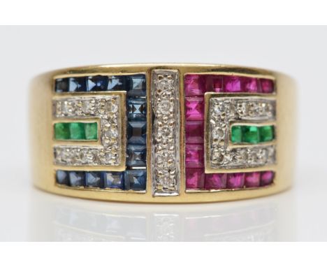 A QVC 9ct gold diamond, sapphire, ruby and emerald dress ring, N 1/2, 4.6gm