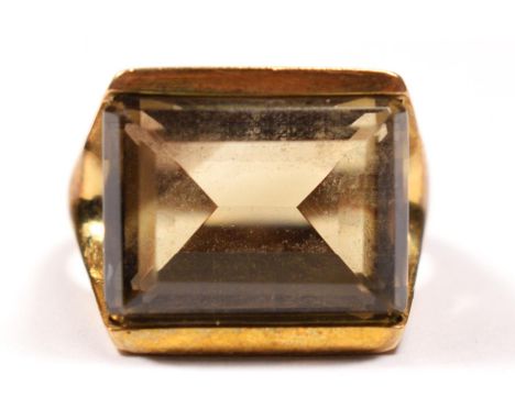 A vintage 9ct gold smokey quartz single stone ring, Birmingham 1975, stone 15 x 12mm, P 1/2, 7.9gm.