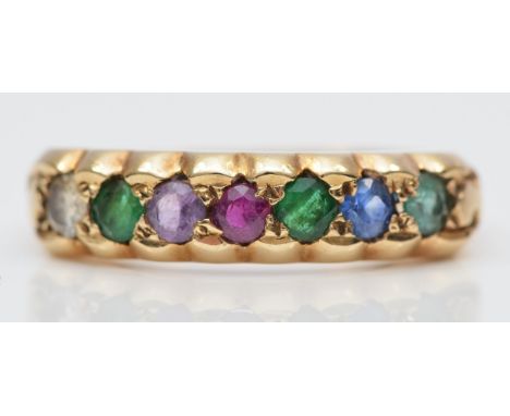 A vintage 9ct gold DEAREST ring, London 1976, brilliant cut diamond, emerald, amethyst, ruby, sapphire, tourmaline, P, 3.7gm