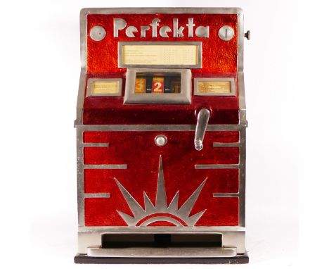 A Jentzsch &amp; Meerz Perfekta slot machine, one arm bandit allwin, c.1957, restored and working on a German 10 Pfenning or 