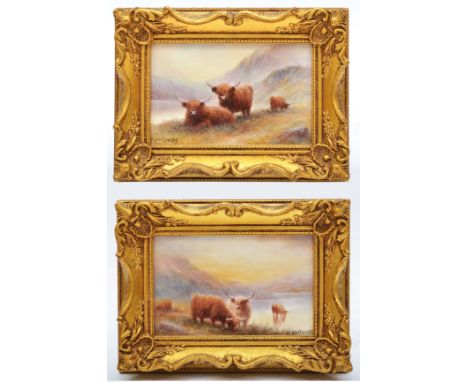 A pair of Bronte Porcelain rectangular ceramic plaques, Highland Landscapes, depicting Highland cattle, both stamped F VIII, 