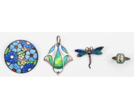 A German Art Nouveau silver and enamel sinuous pendant, stamped 950 and M.B.C. 33 x 29mm, a silver and enamel floral brooch, 