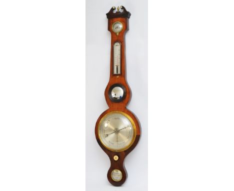 G. King, Lynn, a George III mahogany five glass wheel barometer, with 8" silvered dial, 97cm. Label verso dated 1989 for the 