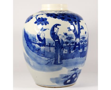 A 19th century Chinese blue and white jar, of rounded ovoid form, decorated with officials and attendants in formal fenced ga