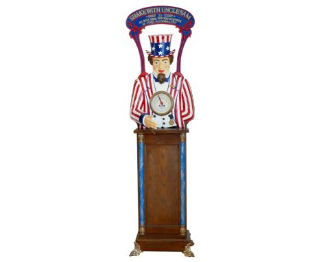 A coin-operated arcade machine Uncle Sam Strength Tester, cast iron bust in the form of Uncle Sam, hand painted in the colour