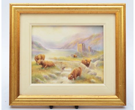 A Bronte Porcelain rectangular ceramic plaque, Highland Landscape, depicting Highland cattle grazing, stamped J X, artist sig