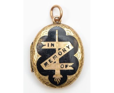 A Victorian gold and black enamel mourning locket, tests as 15ct, opening to reveal and original lock of hair, 27 x 21mm, 5.9