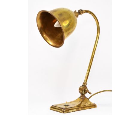 An early 20th century brass table lamp, bell shape shade, 42cm, rewired but untested.