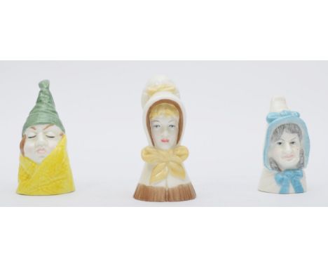 Royal Worcester, a fine bone china candle snuffer, dated 1976, named Mr Caudle, 8cm, another Mrs Caudle and a third Young Gir