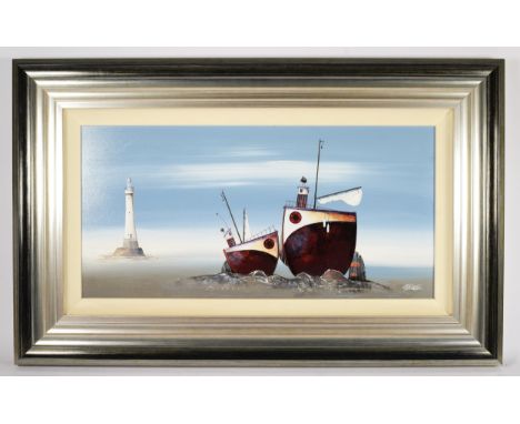 Gary Walton (contemporary), Seascape, two ships and a lighthouse, acrylic on board, signed, 29 x 60cm. Buckingham Fine Art la