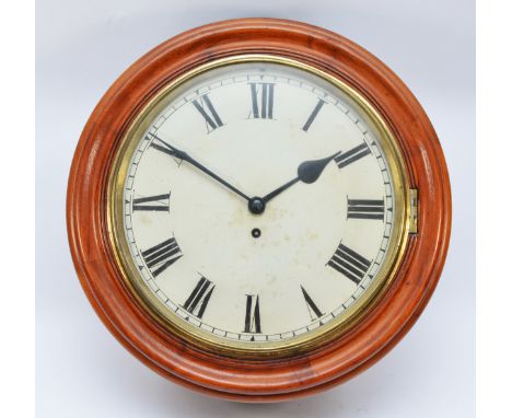 A Victorian mahogany circular fusee wall clock, white enamel 11 1/2" dial with Roman numerals, pendulum.
