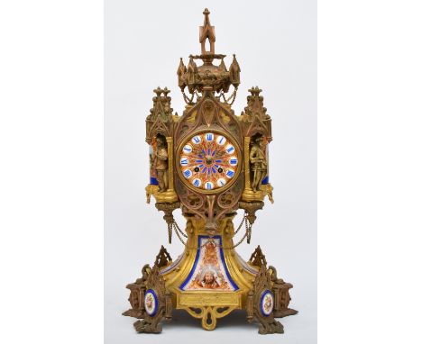 A French 19th century porcelain and ormolu mantel clock, the polychrome dial with blue Roman numerals, the Gothic case with k