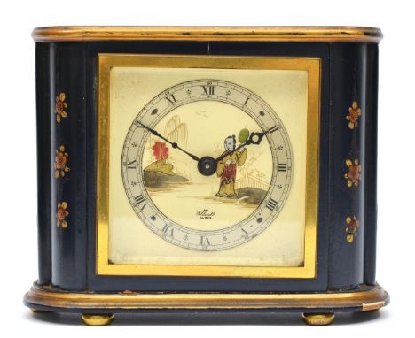 Elliott, a Chinoiserie decorated mantel clock, silvered chapter ring with Chinese lady to the dial, the black case with laque