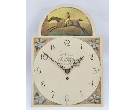 J. Place, Bedale, a 19th century arched painted 12" dial longcase clock movement, the arch with race horse decoration.