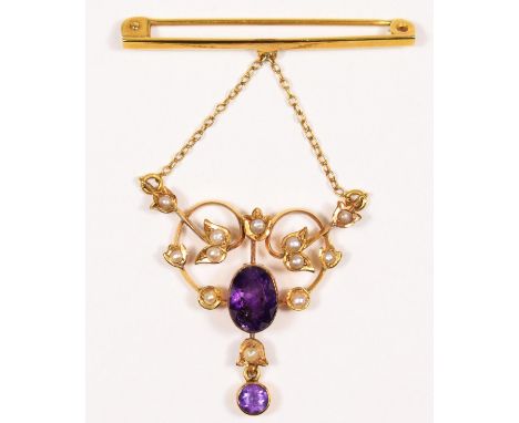 A Victorian 9ct gold, amethyst and half pearl openwork pendant, 9c tab, collet set with oval mixed cut stones, 30 x 28mm, lat