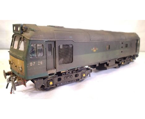 O gauge brass kit built class 25 diesel, BR Green Late Crest, D7629, heavily weathered, twin motor bogies with Delrin chain d