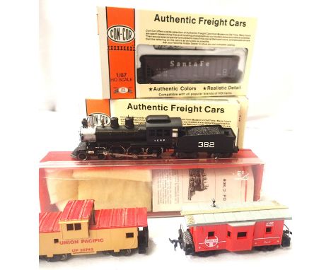 Pocher.Rivarossi 4.6.0 and tender, Casey Jones, loco, black, ICRR no 382 and ConCor kit built hoppers x4 and x2 caboose, all 