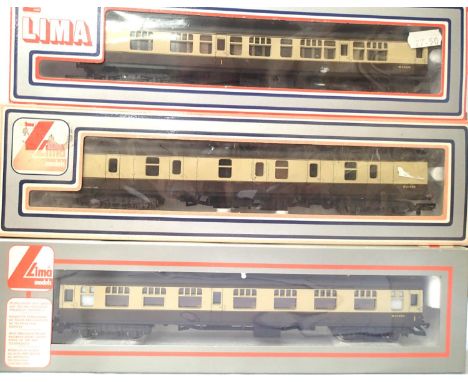 Three Lima BR chocolate/cream coaches OO scale in very good - excellent condition, boxed. P&amp;P Group 1 (£14+VAT for the fi