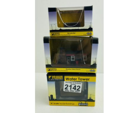 Graham Farish N Gauge Scenecraft Bike Hut, Water Tower &amp; Shunter Mess Room Boxed  - P&amp;P Group 1 (£14+VAT for the firs