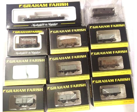 Eleven Graham Farish N gauge wagons , mostly excellent condition, bogie bolster (missing one wheel) some wrong boxes. P&amp;P