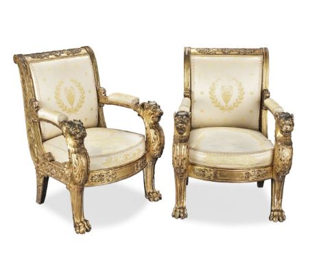 A pair of Restauration giltwood fauteuils by Pierre-Antoine Bellangé (1758-1827) or Louis-Alexandre Bellangé (1799-1863)1815-