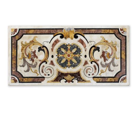 An Italian late 17th/early 18th century pietra dura and marble panelwith a modern cast-iron stand, the panel probably Neapoli