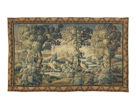 A Verdure Aubusson tapestry18th centurythe scene depicting a variety of ornithological species including a heron, a pigeon, a