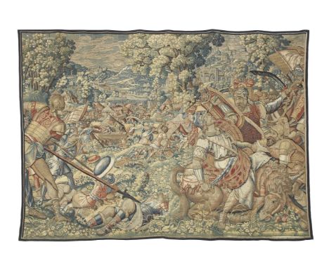 A striking mythological, military Flemish tapestry,late 16th/early 17th century, later reducedthe main field depicting a live