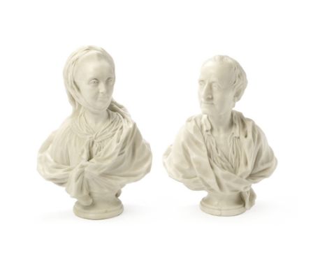 Attributed Jean Claude Francois Joseph Rosset, known as Rosset père (French, 1706-1786): A pair of carved Carrara marble bust