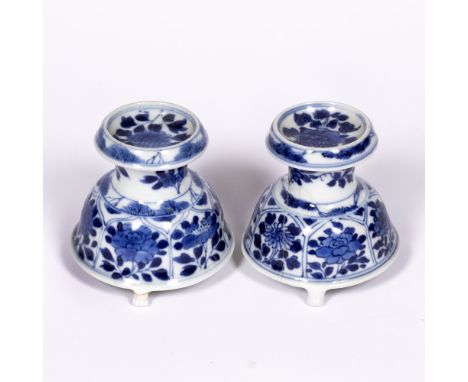 Pair of porcelain salt cellars Chinese, Kangxi (1662-1722) of diablo form with panels of various flowers including peonies, 6