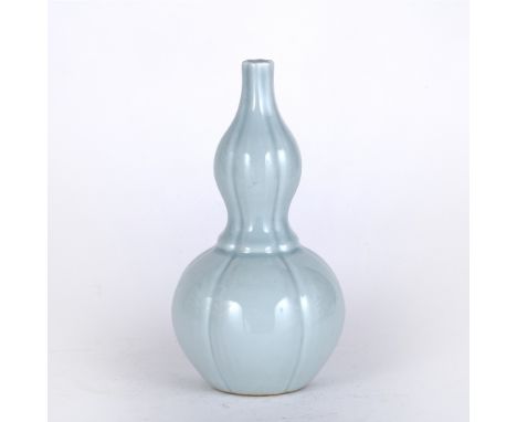 Celadon double gourd vase Chinese of fluted form , with underglaze blue Qianlong seal mark, 24cm 