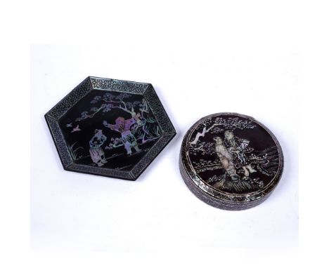 Two lacquer trays Chinese each decorated in mother of pearl depicting figures outside, 12cm across, 10.5cm across (2)