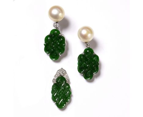 Jadeite pendant Chinese with white metal backing, together a pair of jadeite earrings with carved Celtic knot pattern and pea