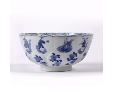 Blue and white porcelain bowl Chinese, Kangxi (1662-1722) of lotus moulded form, painted in panels with figures and flowers, 