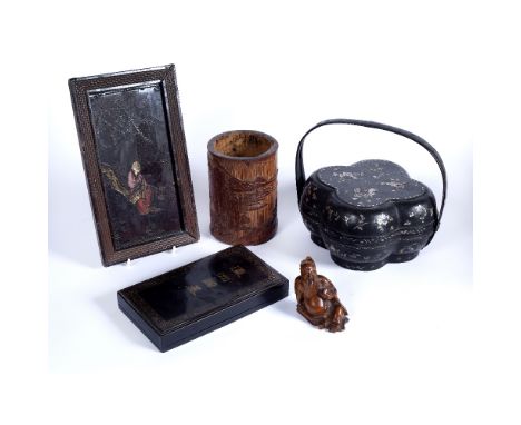 Collection of wood carvings 19th Century and later to include a bamboo carved brush pot depicting a rocky outcrop, 15.5cm hig