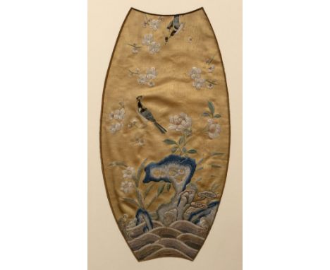 Imperial fabric sleeve Chinese, 19th Century embroidered with birds in flight above a river, framed and glazed, panel 26.5cm 