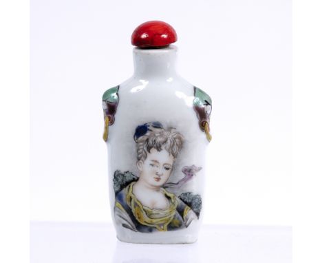 Porcelain snuff bottle Chinese made Russian/European market, 18th/19th Century painted woman's portrait and church to the rev