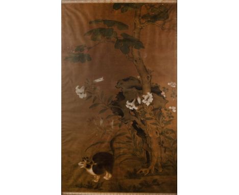 Large painting on silk Chinese, 17th/18th Century probably originally a scroll depicting a cat beneath a flowering tree with 