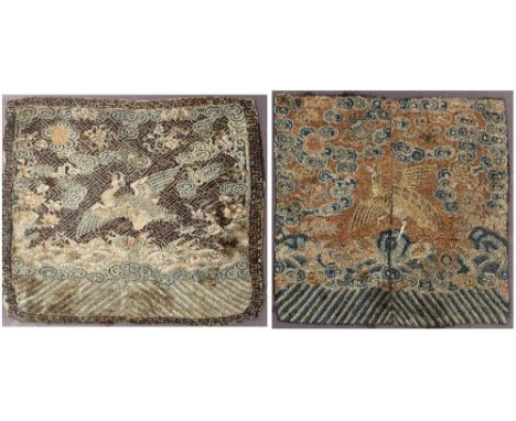 Two embroidered civil rank badges Chinese, 19th Century on blue ground, stitched in both gold and coloured threads the goldwo